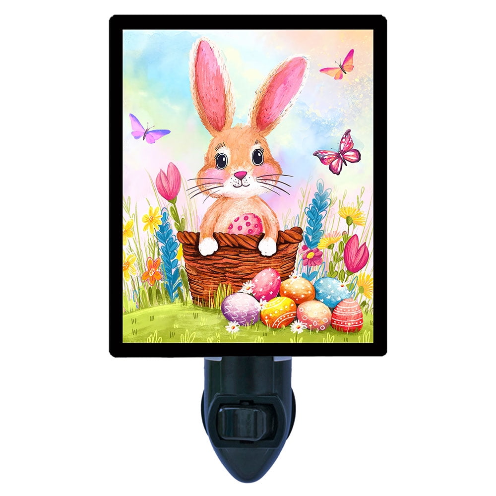 Happy Easter Delight Night Light – Easter Bunny with Basket and Eggs, Spring Home Décor, Free Switchable Insert