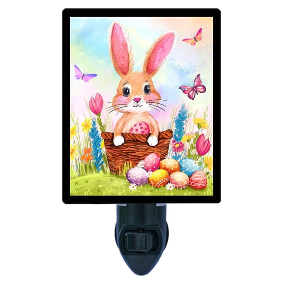 Happy Easter Delight Night Light  Easter Bunny with Basket and Eggs, Spring Home Dcor, Free Switchable Insert