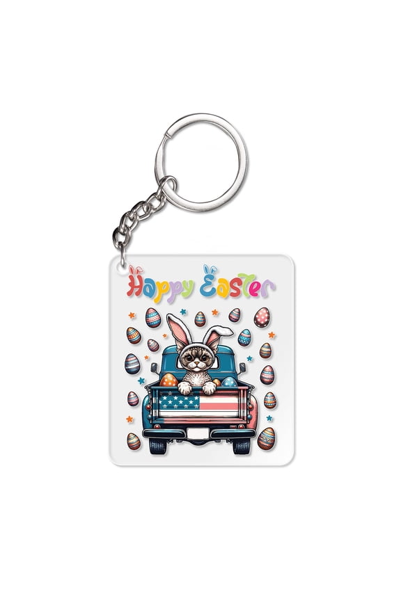 Happy Easter Devon Rex American Flag Truck Bunny Ears Acrylic Keychain Cat Lover Kitten Owner Gifts Collar Charm Tag Keyring - 03001