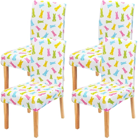 Happy Easter Dining Chair Covers Set of 4,Green Pink Blue Bunny Rabbits Parsons Chair slipcovers,Kitchen Spring Summer Decor Chair Seat Cover Protectors(Bunny,4 Pack)