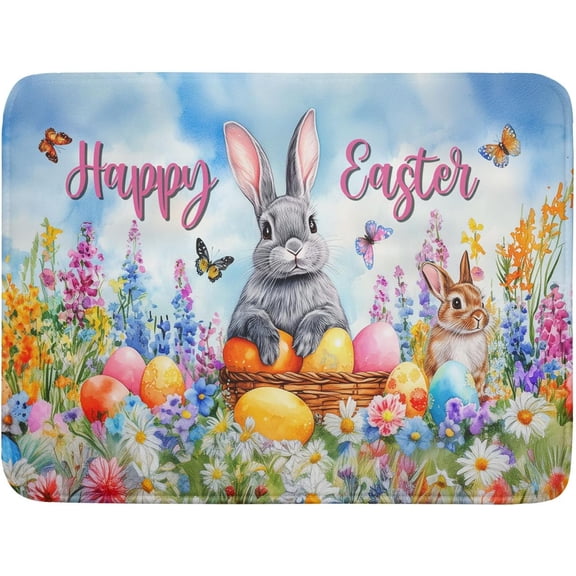 Happy Easter Dish Drying Mat for Kitchen Counter 18x24 Inch Bunny Eggs Butterfly Flowers Reusable Washable Farmhouse Flower Drying Pad Countertop Home Decor