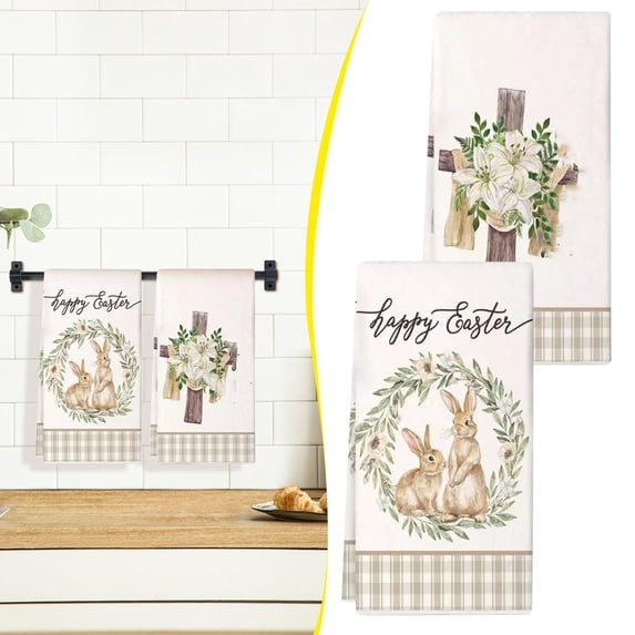 Happy Easter Dish Towels Set of 2 Bunny Sweet Stripes Kitchen Towels Drying Hand Towels 15.7"x23.6" Rabbit Eggs Tulip Baking Cooking Cloth for Easter Decorations(K)