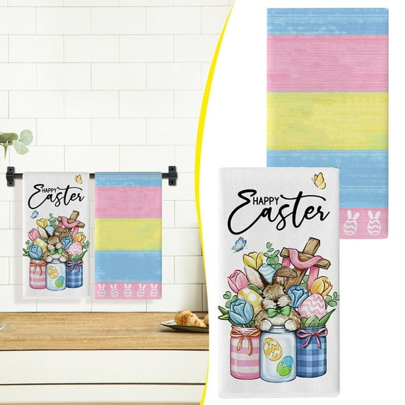 Happy Easter Dish Towels Set of 2 Bunny Sweet Stripes Kitchen Towels Drying Hand Towels 15.7"x23.6" Rabbit Eggs Tulip Baking Cooking Cloth for Easter Decorations(I)