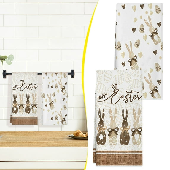 Happy Easter Dish Towels Set of 2 Bunny Sweet Stripes Kitchen Towels Drying Hand Towels 15.7"x23.6" Rabbit Eggs Tulip Baking Cooking Cloth for Easter Decorations(L)