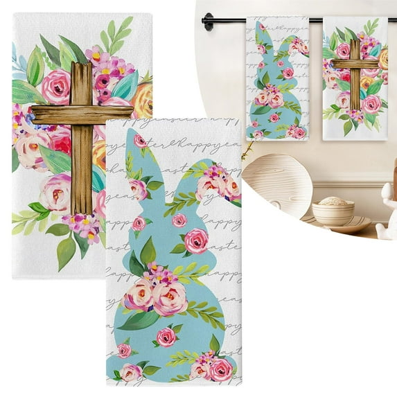 Happy Easter Dish Towels Set of 2 Drying Hand Towels 15.7"x23.6" Bunny Sweet Stripes Kitchen Towels Baking Cooking Cloth Kitchen Rags for Kitchen Easter Decorations(G)