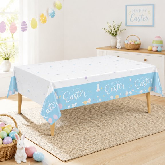 Happy Easter Disposable Table Cover - White & Sky Blue Bunny & Egg Design, 54" x 96" (12 Pack) - Easter Party & Brunch Tablecloths