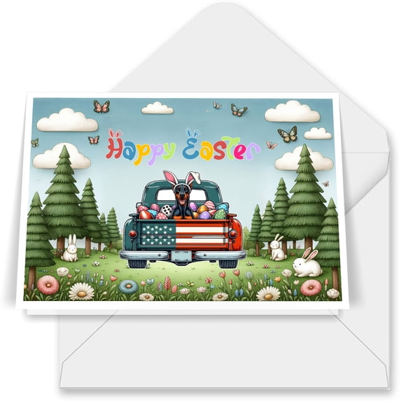 Happy Easter Doberman Pinscher American Flag Truck Bunny Ears 7x5in Folded Greeting Card Doberman Dog Lover Gifts Single Note Card with Envelope - 03001