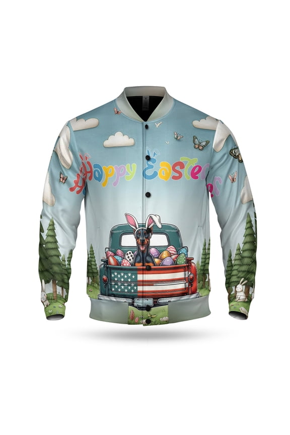 Happy Easter Doberman Pinscher American Flag Truck Bunny Ears All Over Print 3D Baseball Jacket Doberman Dog Lover Gifts Bomber Jacket Softball - 03001
