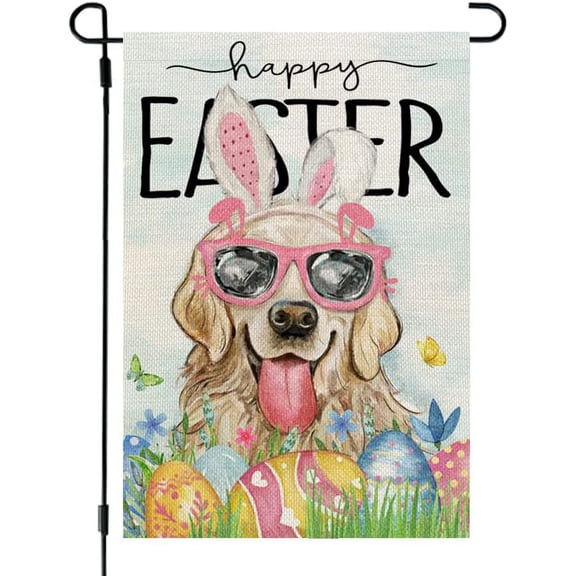Happy Easter Dog Garden Flag Golden Retriever 12x18 Inch Double Sided for Outside Burlap Small Yard Eggs Holiday Decoration CF706-12