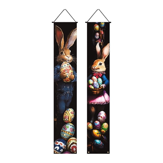 Happy Easter Door Banner 71x12 Inch Bunny Easter Door Porch Signs Eggs Rabbits Hanging Door Sign Welcome Hanging Flag for Wall Yard Garden Decor