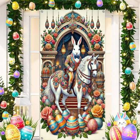 Happy Easter Door Cover, Bunny Banner Large Fabric Colorful Spring Welcome Decoration for Easter Party Photo Booth Background Favor Supplies, 35x71 Inches