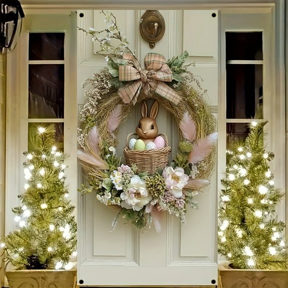 Happy Easter Door Cover Decoration, 71x35" Large Bunny Holding Carrot Banner Background, Cute Rabbit Porch Sign for Indoor Outdoor Home Party Front Door Decor