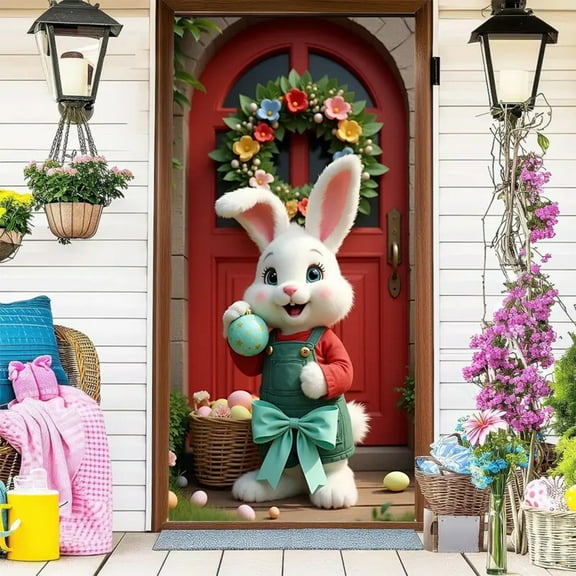 Happy Easter Door Covers,Easter Bunny Eggs Door Covers for Front Door Spring,Welcome Spring Door Cover Decorations Door Banner,Easter Gnome Welcome Banner for Spring Easter Party Decorations Indoor