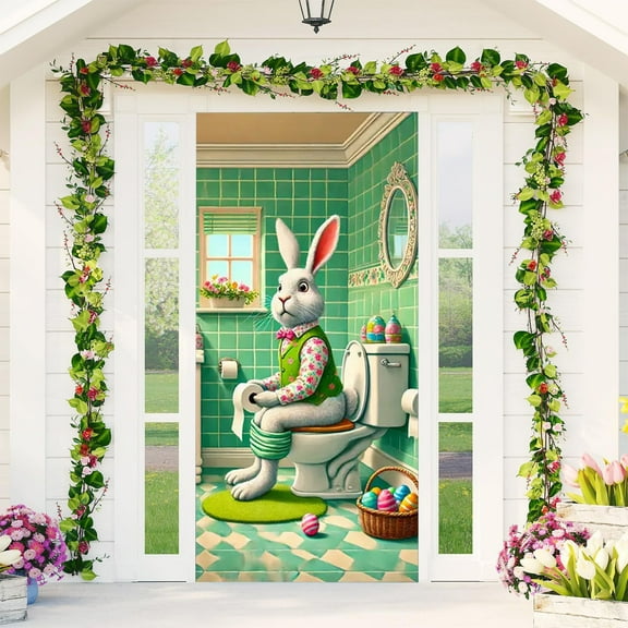 Happy Easter Door Covers,Easter Bunny Eggs Door Covers for Front Door Spring,Welcome Spring Door Cover Decorations Door Banner,Easter Gnome Welcome Banner for Spring Easter Party Decorations Indoor