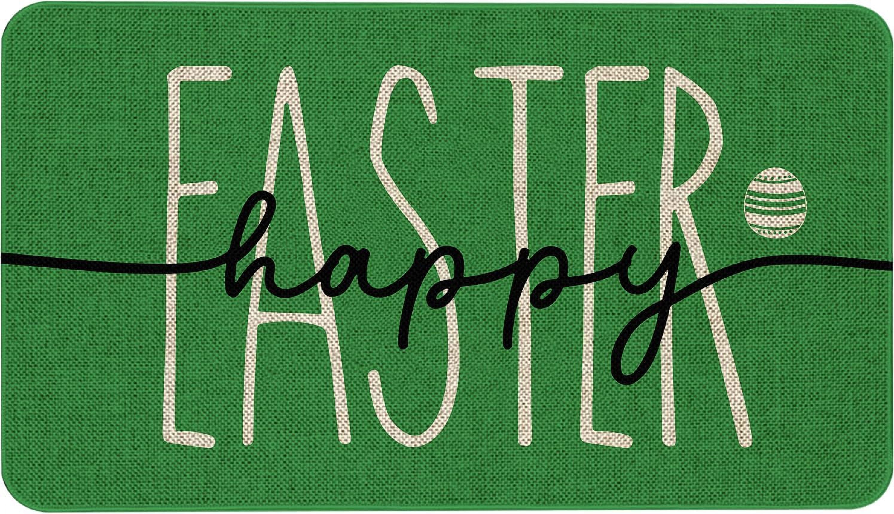 Happy Easter Door Mat Funny Text Indoor mat, Green Holiday Spring Creative Decorative Seasonal Burlap Welcome Floor Mat Switch Mat for Outdoor 17 x 30 in