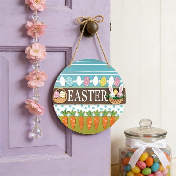 Happy Easter Door Sign,Cute Cartoon Easter Rabbit Egg Welcome Sign Door Hanger for Spring Easter Egg Party Home Porch Wall Decor