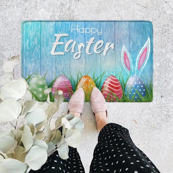 Happy Easter Doormat with Bunny Easter Eggs Decorative Spring Welcome Entrance Rug Non Slip Cute Spring Easter Home Indoor Party Decoration, 16X24Inch