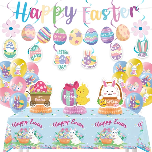 Happy Easter Easter Party Decorations Set, Includes Hanging Swirls, Banners, Balloons, Honeycomb, Tablecloth, Perfect For Easter Festive Celebration, Home, Office, Event