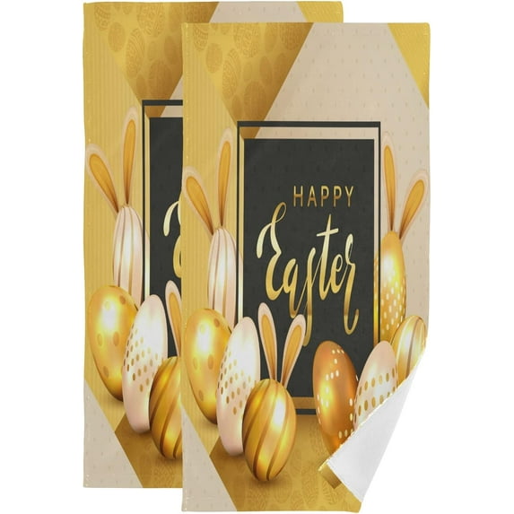 Happy Easter Egg Hand Towels 2 PCS, Golden Rabbit Kitchen Towel Ultra Soft and Highly Absorbent,Decorative Fingertip Face Towel for Bathroom Hotel, 28.3"x14.4"
