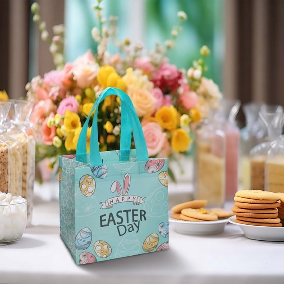 Happy Easter Egg Hunt Bags Bunny Chick Egg Gift Treat Foil Non-Woven Bags with Handles for Gifts Wrapping, Egg Hunt, Easter Party Supplies,Gift Bags Easter Baskets Non Woven Tote 7.9"*8.3"*5.9"