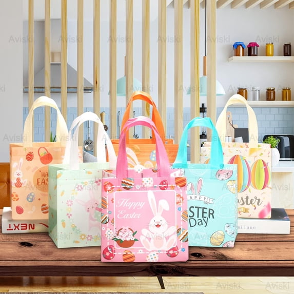 Happy Easter Egg Hunt Bags Easter Bunny Carrot Chick Egg Gift Bags with Handles, Easter Treat Bags, Non-Woven Bags for Gifts Wrapping, Egg Hunt Game, Easter Party Supplies