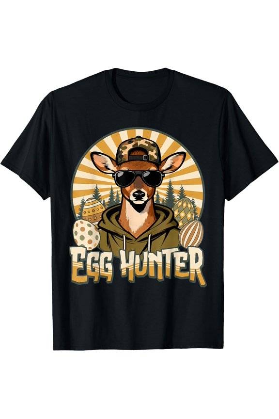 Happy Easter Egg Hunter Deer Buck Cap Mens Boys Kids T-Shirt- Classic Cotton Crew Neck T-Shirt 2026 Trendy Easter Bunny Egg Graphic Tee Heavyweight Casual Top for Adults
