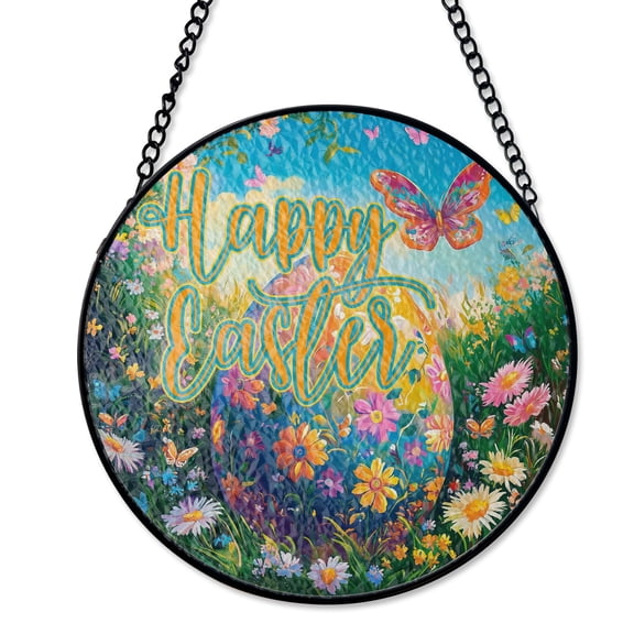 Happy Easter Egg With Butterflies Suncatcher, Stained Glass Style UV Printed Glass, Spring Holiday Home Decor Gift, Round