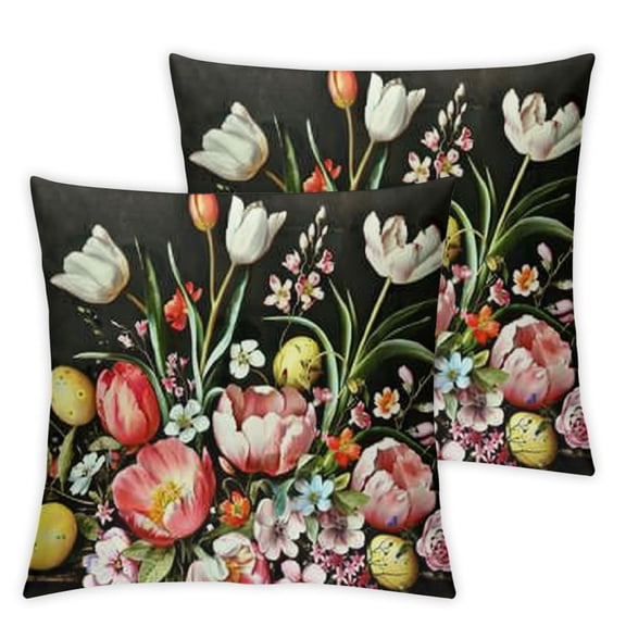 Happy Easter Eggs Bunny Decorative Throw Pillow Cover , Religious Rejoice Rabbits Carrot Flower Blessings Outdoor Pillowcase, He is Risen Cross Floral Cushion Case Home Decor