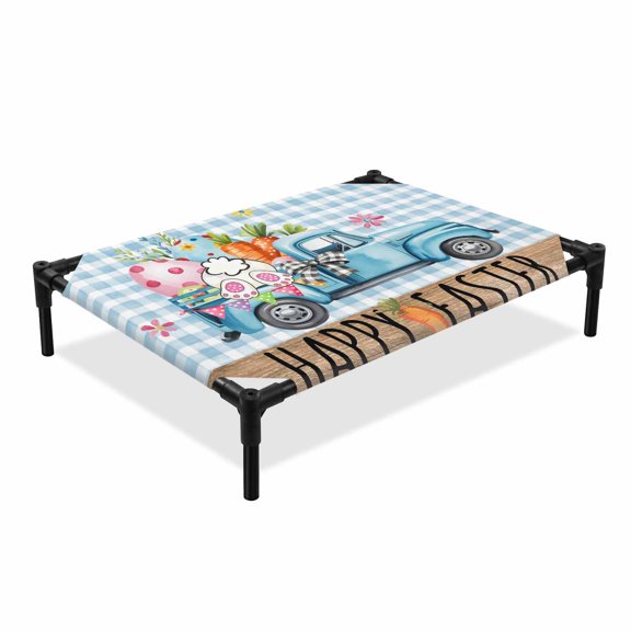 Happy Easter Elevated Dog Bed, Spring Blue Truck Bunny Colorful Eggs Carrots Floral Blue Plaid Cooling Breathable Outdoor Raised Dog Cot Bed with Metal Frame Non-Slip Feet for Medium Dog 24x20in