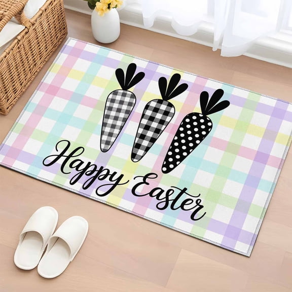 Happy Easter Entryway Rug 2'x3' Non Slip Front Door Mats, Black and White Carrots Colorful Plaid Entrance Rugs Indoor Outdoor Carpet, Washable Floor Mats Small Area Rug for Bedroom Kitchen