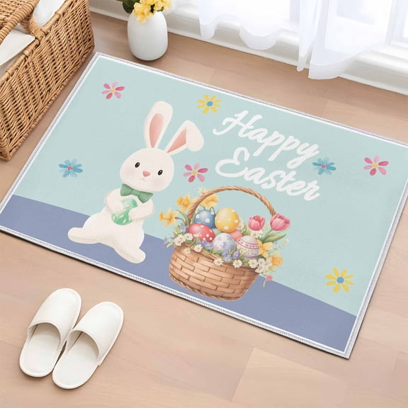 Happy Easter Entryway Rug 2'x3'&nbsp; Non Slip Front Door Mats, Cute Bunny Colorful Eggs Spring Flowers Blue Purple Entrance Rugs Indoor Outdoor Carpet, Floor Mats Small Area Rug for Bedroom Kitchen