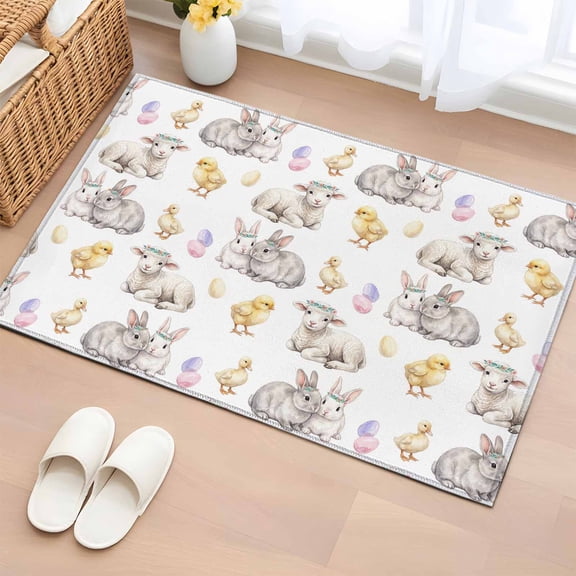 Happy Easter Entryway Rug 2'x3' Non Slip Front Door Mats, Spring Bunny Chickens Lambs Easter Eggs Entrance Rugs Indoor Outdoor Carpet, Washable Floor Mats Small Area Rug for Bedroom Kitchen