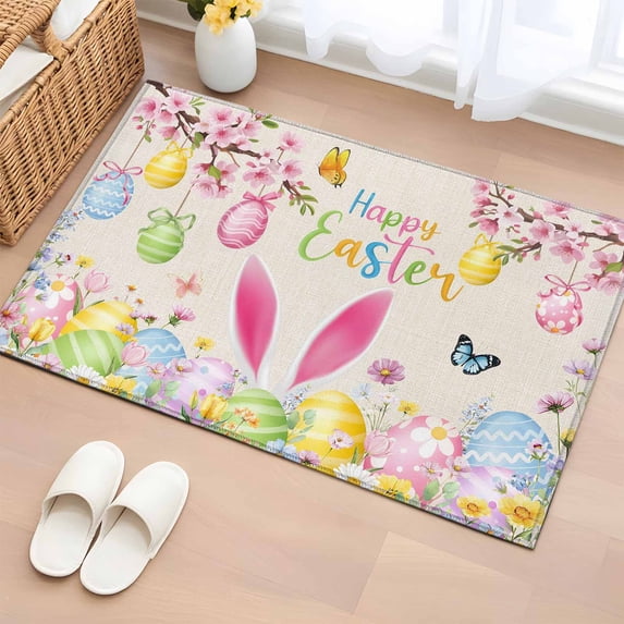 Happy Easter Entryway Rug 2'x3' Non Slip Front Door Mats, Spring Farmhouse Bunny Eggs Flower Beige Entrance Rugs Indoor Outdoor Carpet, Washable Floor Mats Small Area Rug for Bedroom Kitchen