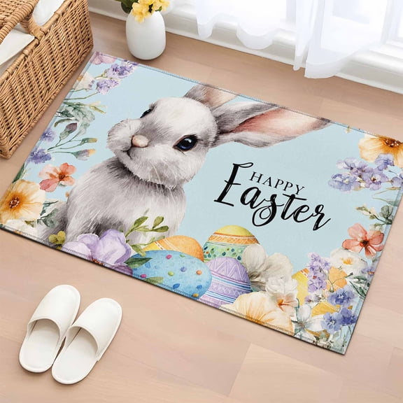 Happy Easter Entryway Rug 2'x3' Non Slip Front Door Mats, Spring Grey Bunny Colorful Eggs Flower Blue Entrance Rugs Indoor Outdoor Carpet, Washable Floor Mats Small Area Rug for Bedroom Kitchen