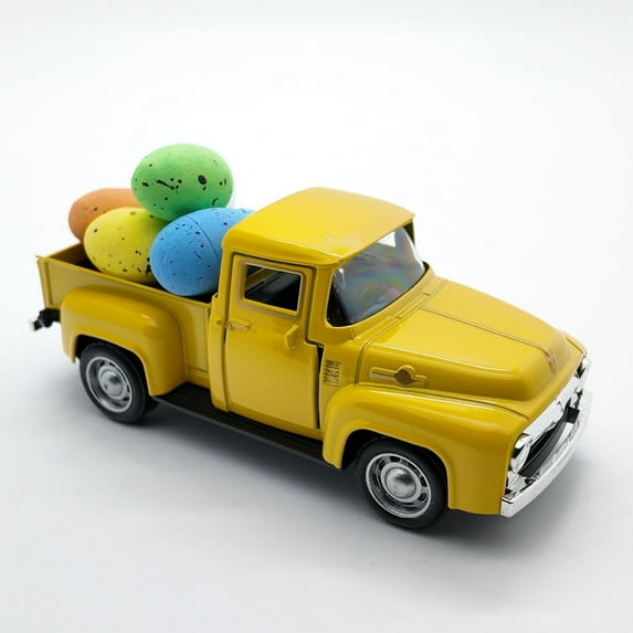 Happy Easter Farm Pickup Truck Decor with Eggs, Mini Vintage Metal Diecast Farmhouse Pickup Happy Spring Farm Tiered Tray Decorations for Home Kitchen Table