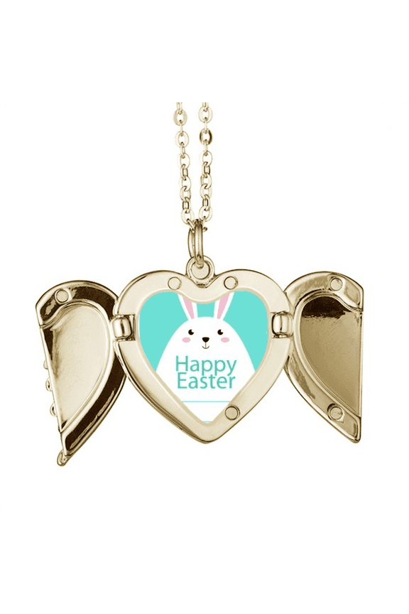 Happy Easter Festival Blue Bunny Pattern Folded Wings Peach Heart Pendant Necklace