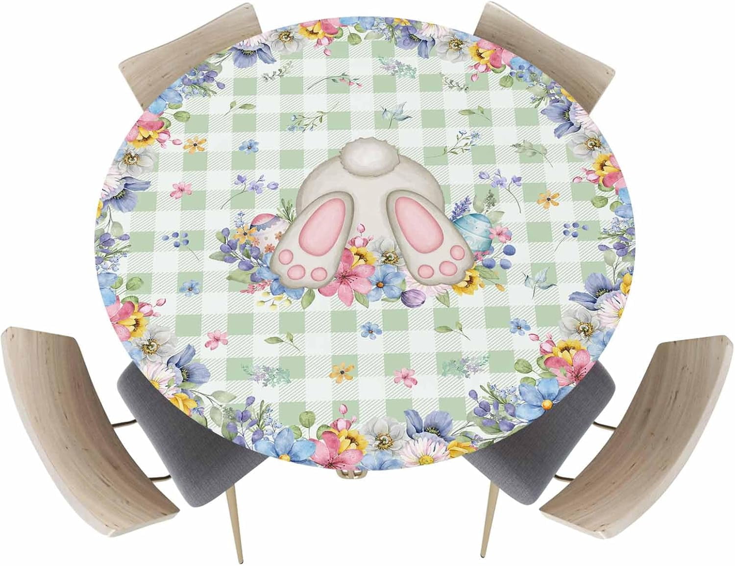 Happy Easter Fitted Round Tablecloth Bunny Tail Spring Flower Waterproof Oilproof Table Cloth with Elastic Edge Green Checker Table Covers for Indoor Outdoor Tables Decor Fits 36"-44",Small
