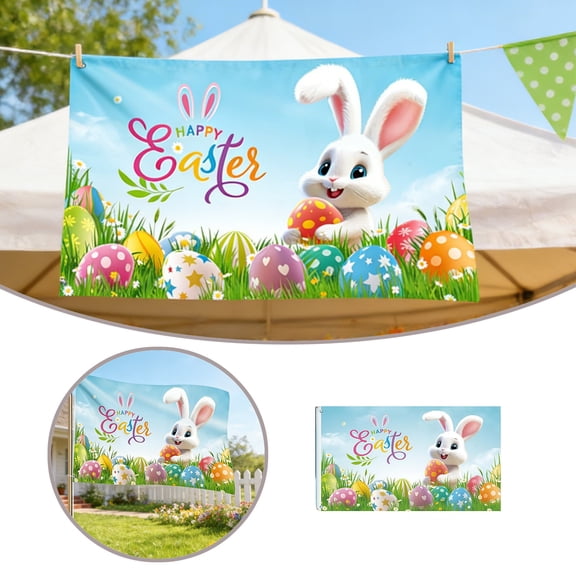 Happy Easter Flag 3 x 5 ft Easter Rabbit Flag Double Sided Spring Bunny Flag with Grommets Eggs Garden House Flag Banner Backdrop for Spring Photo Backdrop Indoor Outdoor Gifts