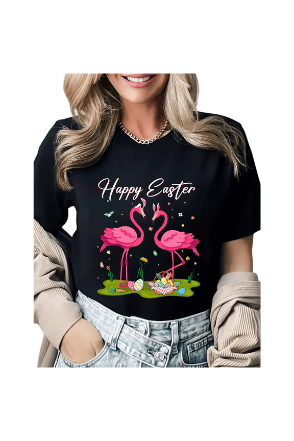 Happy Easter Flamingo Eggs Basket Graphic Tees Womans Tshirt Shirts Black White S-5XL Tops
