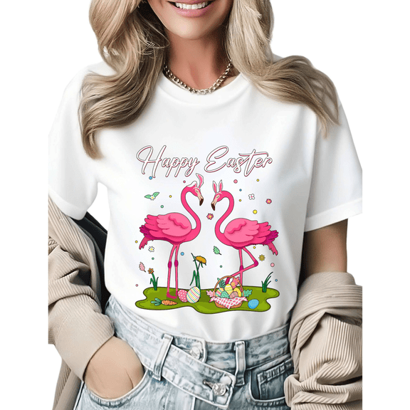 Happy Easter Flamingo Eggs Basket Graphic Tees Womans Tshirt Shirts Black White S-5XL Tops
