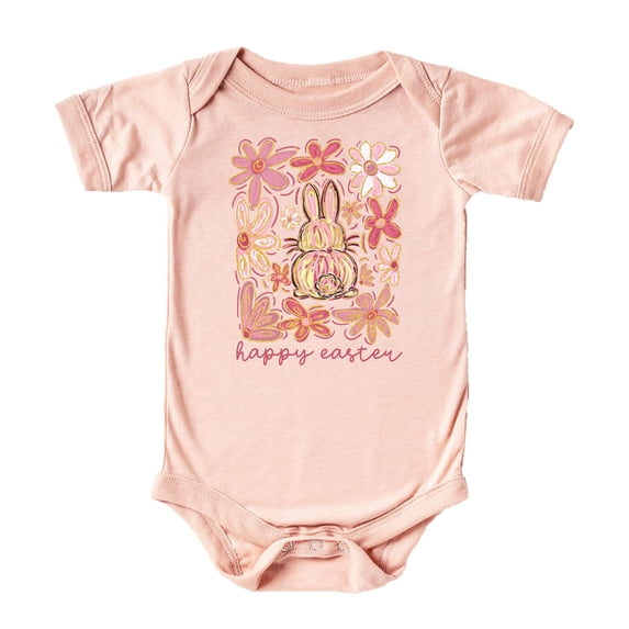 Happy Easter Floral Bodysuit for Baby Girls Spring Holiday Flowers and Bunnies Boho Toddler One-Piece Peach Bodysuit Newborn