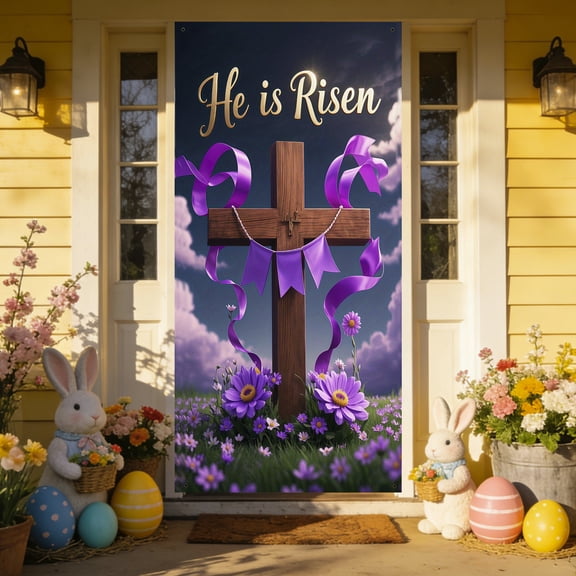 Happy Easter Floral Cross Christian, He Is Risen Easter Door Banner Door Cover, Background Backdrop Seasonal Door Decorations for Resurrection Sunday and Spring Outdoor Decor, 70.8x35.4 Inches
