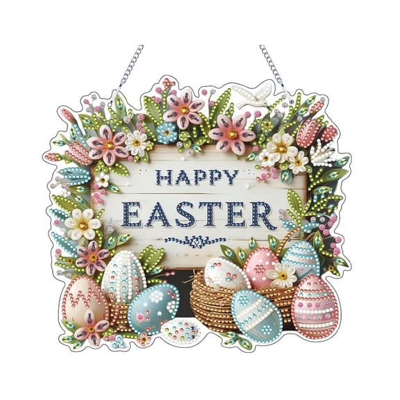 Happy Easter Floral Egg Door Hanging Sign, 10" Double-Sided Diamond Art Wreath Decor for Front Door Window Wall Spring Festival Ornament