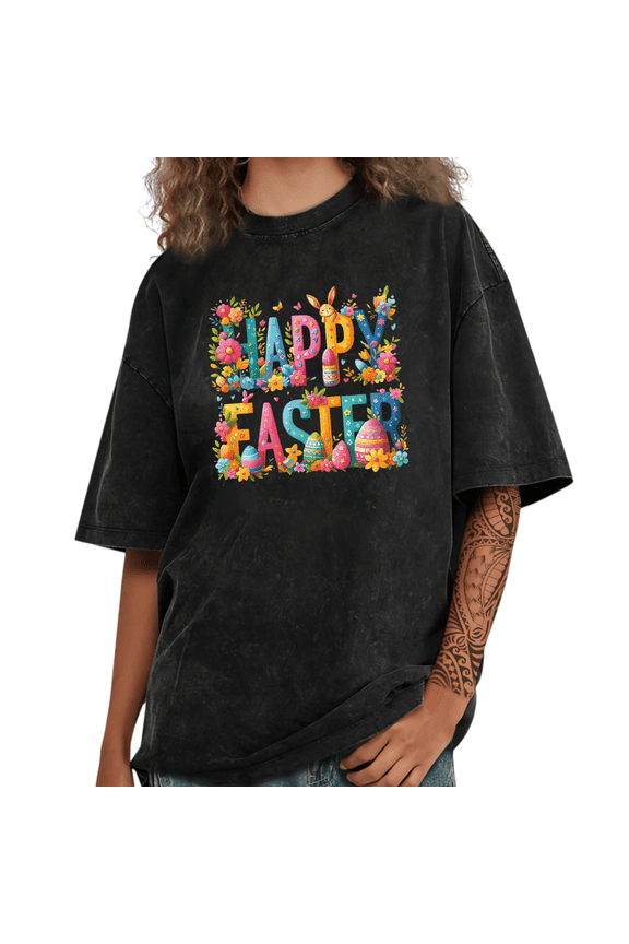 Happy Easter Floral Eggs Bunny Graphic Tee T Shirt Top Tops Trendy Casual Cotton Short Sleeve Black S-2XL Plus Size
