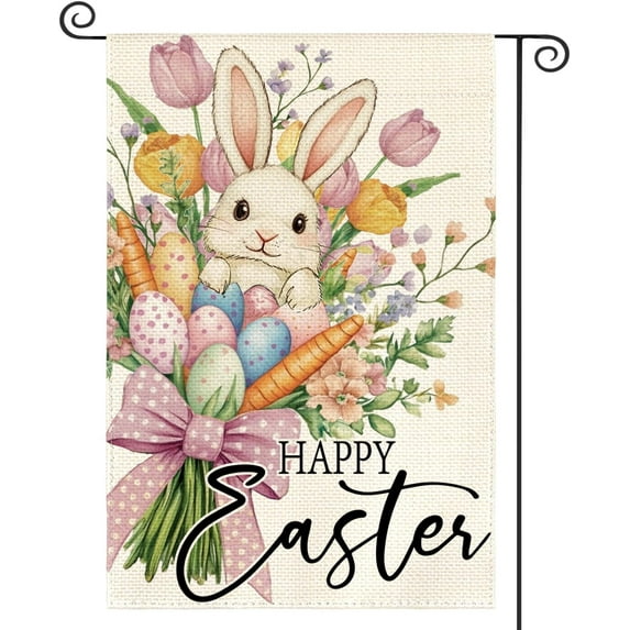 Happy Easter Floral Garden Flag 12x18 Inch Double Sided Outside, Easter Eggs Bunny Flowers Yard Outdoor Flag