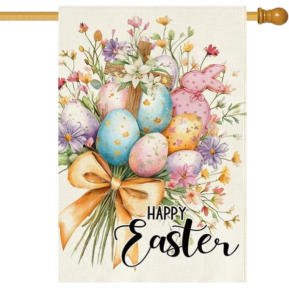 Happy Easter Floral House Flag 28x40 Inch Double Sided Outside, Easter Eggs Bunny Flowers Spring Large Garden Flag Porch Patio Yard Outdoor Holiday Decoration