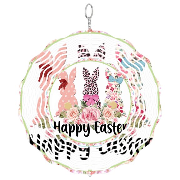 Happy Easter Floral Rabbit 3D Wind Spinner Stainless Steel Kinetic Art Blooming Spring Gift 10 Inch