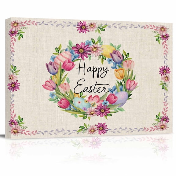 Happy Easter Flowers Canvas Print Wall Art Floral Ring Pink Daisy Tulips Color Eggs Spring Linen Texture Pictures Painting Morden Artwork for Living Room Bedroom, Ready to Hang - 12"x16"