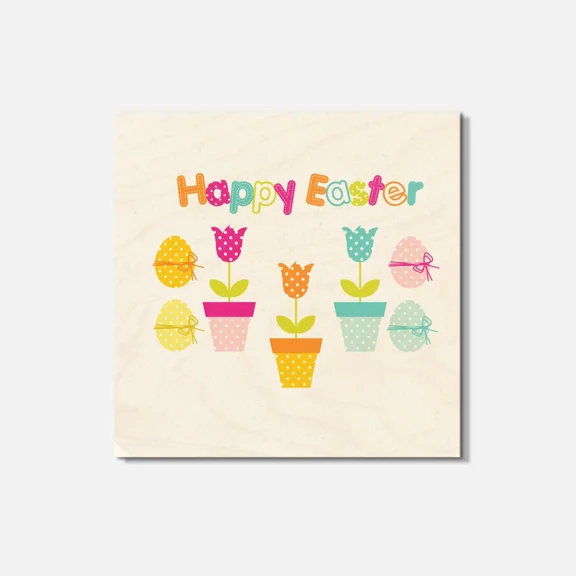 Happy Easter Flowers & Eggs 4'' X 4'' Square Wooden Coaster