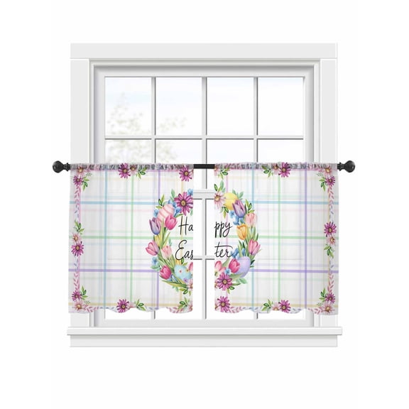 Happy Easter Flowers Sheer Curtains 2 Panels Set Floral Ring Pink Daisy Tulip Color Eggs Spring Plaid Sheer Window Curtains Light Filtering Rod Pocket Voile Drapes for Bedroom Living Room 52"x54"